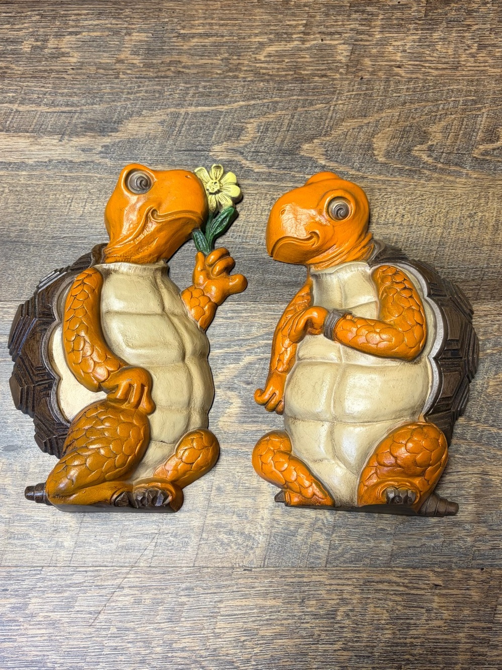 Vtg 2pc Burwood Turtle Pair Plastic Wall Hanging Orange Brown 1970s Art Decor